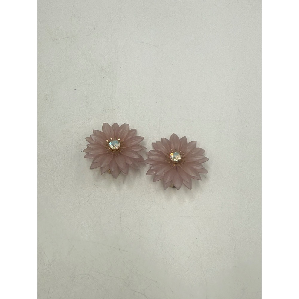 Vintage Coro Pink Frosted Flower Clip On Earrings AB Rhinestone Center Gold Tone
